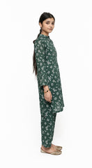 Plum Digital Lawn Dark Green Colour Printed Off White Flowers On 2 Pc stitched suit for Girls.