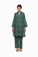 Plum Digital Lawn Dark Green Colour Printed Off White Flowers On 2 Pc stitched suit for Girls.