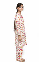 Plum Digital Lawn Off White Colour Printed Yellow Pink Orange Flowers With Pink Buttons On 2 Pc stitched suit for Girls.
