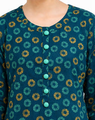 Plum Digital Lawn Teal Colour printed Yellow Mint Patterns with turquoise buttons On 2 Pc stitched suit for Girls