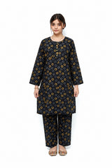 Plum Digital Lawn Black Colour printed Yellow Grey Patterns with Yellow buttons On 2 Pc stitched suit for Girls