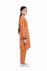 Plum Digital Lawn Beautiful Orange Colour printed Mint Red Green Patterns with Green buttons On 2 Pc stitched suit for Girls