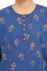 Plum Digital Lawn Blue  Colour printed Orange Flowers with Yellow buttons On 2 Pc stitched suit for Girls