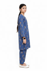 Plum Digital Lawn Blue  Colour printed Orange Flowers with Yellow buttons On 2 Pc stitched suit for Girls