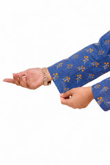 Plum Digital Lawn Blue  Colour printed Orange Flowers with Yellow buttons On 2 Pc stitched suit for Girls