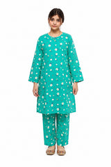 Plum Digital Lawn Teal Colour printed White Red Flowers On 2 Pc stitched suit for Girls