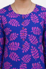 Plum Digital Lawn Blue Colour printed Pink Flowers With Pink Buttons On 2 Pc stitched suit for Girls