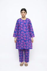 Plum Digital Lawn Blue Colour printed Pink Flowers With Pink Buttons On 2 Pc stitched suit for Girls