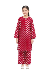 Plum Khaddar Pink colour printed White Dots with Pink buttons on 2pc stitched suit for Girls.