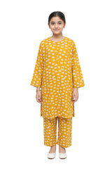 Plum Lilen (imported fabric) Yellow Colour printed White patterns with Yellow buttons on 2pc stitched suit for Girls.