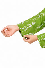 Plum Lilen (imported Fabric) Green colour printed White Patters with White buttons on 2pc stitched suit for Girls.