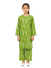 Plum Lilen (imported Fabric) Green colour printed White Patters with White buttons on 2pc stitched suit for Girls.