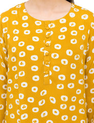 Plum Lilen (imported fabric) Yellow Colour printed White patterns with Yellow buttons on 2pc stitched suit for Girls.