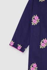 Plum Premium Khaddar Navy Blue Colour Embroidered Flowers On 2 pc suit For Girls.