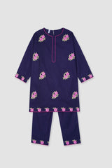 Plum Premium Khaddar Navy Blue Colour Embroidered Flowers On 2 pc suit For Girls.