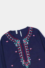 Plum Premium Khaddar Navy Blue Colour Embroidered Pink Green 2 pc suit For Girls.