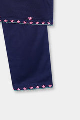 Plum Premium Khaddar Navy Blue Colour Embroidered Pink Green 2 pc suit For Girls.