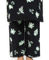 Plum Digital Cotton Lawn Black Colour Green White Flowers Embellished Black Tassels Black Laces On 2 Pc Stitched Suit for Girls.