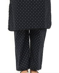 Plum Digital Cotton Lawn Black Colour Printed White Dots Embellished Pearl Tassels Black Laces On 2 Pc Stitched Suit for Girls.