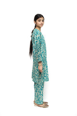 Plum Digital Lawn Sea Green Colour Printed White Flowers On 2 Pc stitched suit for Girls.