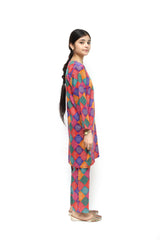 Plum Digital Lawn Pink Purple Blue Green Colour Printed Multi Patterns On 2 Pc stitched suit for Girls.
