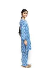 Plum Digital Lawn Blue Colour Printed White Orange Flowers On 2 Pc stitched suit for Girls.
