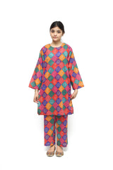 Plum Digital Lawn Pink Purple Blue Green Colour Printed Multi Patterns On 2 Pc stitched suit for Girls.