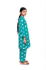 Plum Digital Lawn Ferozi Colour printed Off White Dots On 2 Pc stitched suit for Girls
