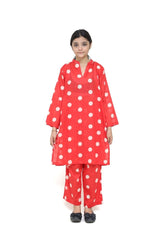 Plum Digital Lawn Reddish Orange Colour printed Off White Dots On 2 Pc stitched suit for Girls