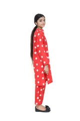 Plum Digital Lawn Reddish Orange Colour printed Off White Dots On 2 Pc stitched suit for Girls