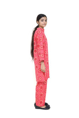 Plum Digital Lawn Pink Colour printed Yellow & Dark Pink Dots On 2 Pc stitched suit for Girls