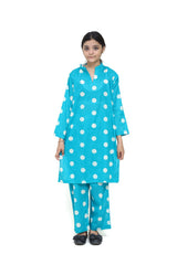 Plum Digital Lawn Sea Green Colour printed Off White Dots On 2 Pc stitched suit for Girls