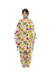 Plum Digital Lawn Off White Colour Printed Olive Red Orange Flowers With Olive Buttons On 2 Pc stitched suit for Girls.