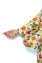 Plum Digital Lawn Off White Colour Printed Olive Red Orange Flowers With Olive Buttons On 2 Pc stitched suit for Girls.