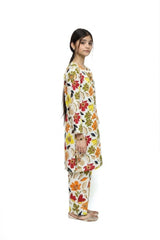Plum Digital Lawn Off White Colour Printed Olive Red Orange Flowers With Olive Buttons On 2 Pc stitched suit for Girls.