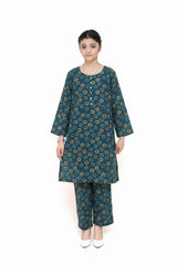 Plum Digital Lawn Teal Colour printed Yellow Mint Patterns with turquoise buttons On 2 Pc stitched suit for Girls