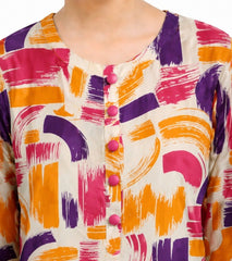 Plum Digital Lawn Off-White Colour printed Purple Pink Orange Patterns with Pink buttons On 2 Pc stitched suit for Girls