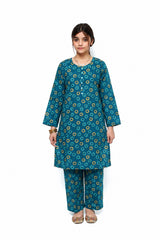Plum Digital Lawn Teal Colour printed Yellow Blue Patterns with Sky Blue buttons On 2 Pc stitched suit for Girls