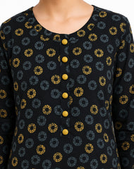 Plum Digital Lawn Black Colour printed Yellow Grey Patterns with Yellow buttons On 2 Pc stitched suit for Girls