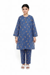Plum Digital Lawn Blue  Colour printed Orange Flowers with Yellow buttons On 2 Pc stitched suit for Girls