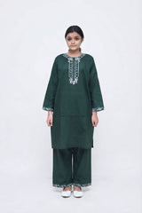 Plum Lawn Dark Green Colour with White Embriodered threads on 2pc Sitched Suit for Girls