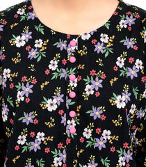 Plum Khaddar Black Colour  Printed White Purple Pink Flowers with Pink buttons on 2pc Sitched Suit for Girls