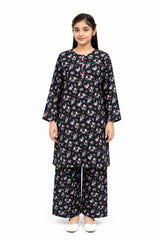 Plum Khaddar Black Colour  Printed White Purple Pink Flowers with Pink buttons on 2pc Sitched Suit for Girls