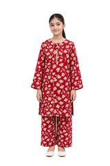 Plum Khaddar Rust colour printed Off White Flowers with Off White buttons on 2pc stitched suit for Girls.