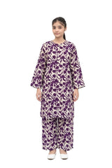 Plum Khaddar Off White colour printed Purple Flowers with Off White buttons on 2pc stitched suit for Girls