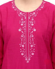 Plum Khaddar Pink Colour embroidered with Light Pink threads on 2pc stitched suit for Girls.