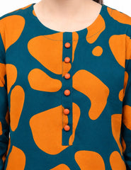 Plum Lilen (imported fabric) Teal Colour printed Light Orange patterns with Light Orange buttons on 2pc stitched suit for Girls.