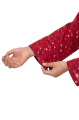 Plum Khaddar Red colour printed White Red Blue Flowers with Red buttons on 2pc stitched suit for Girls.
