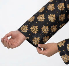 Plum Khaddar Back Colour printed Beige & Yellow patterns embroidered with Beige threads on 2pc stitched suit for Girls