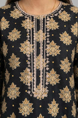 Plum Khaddar Back Colour printed Beige & Yellow patterns embroidered with Beige threads on 2pc stitched suit for Girls